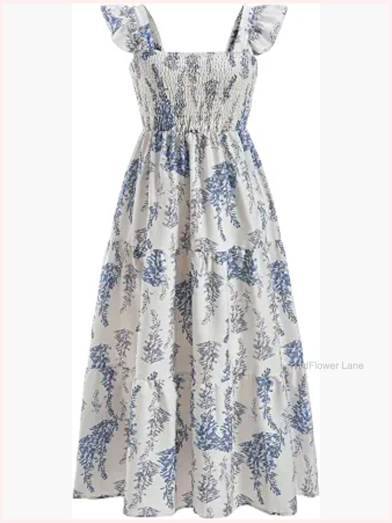 Boho Print Tiered Ruffle Maxi Dress Cap Sleeve A-Line Flowy Sundress Beach